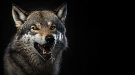 portrait of a angry growling grey wolf, photo studio set up with key light, isolated with black background and copy space - generative ai
