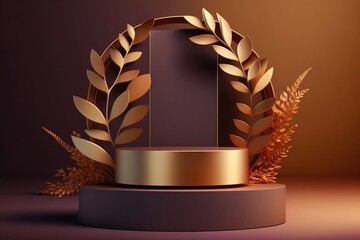 Gold and brown luxury podium on a brown-chocolate background. Podium for demonstration of a cosmetic product. Generative AI