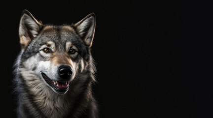 Fototapeta premium portrait of a happy grey wolf, photo studio set up with key light, isolated with black background and copy space - generative ai