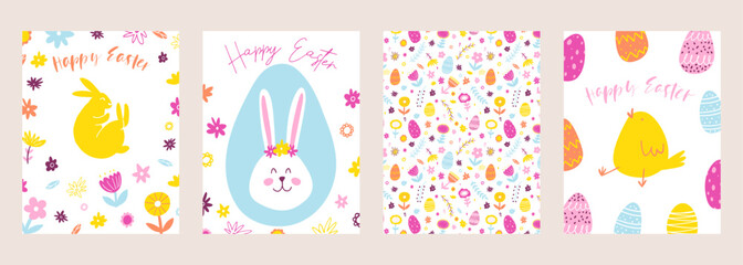 Set of Happy Easter greeting cards. Hand drawn colorful plants, bunny, chicken, eggs in modern minimalist style