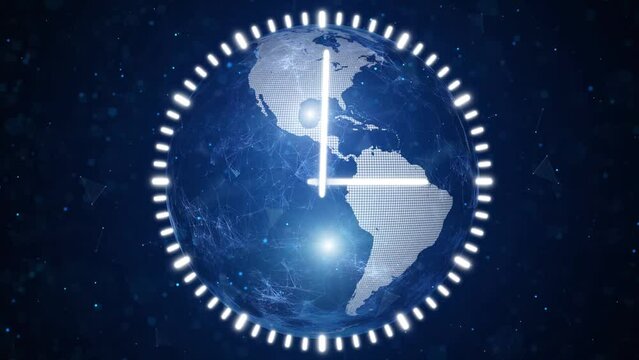 Digital earth globe with looped analog time clock animation