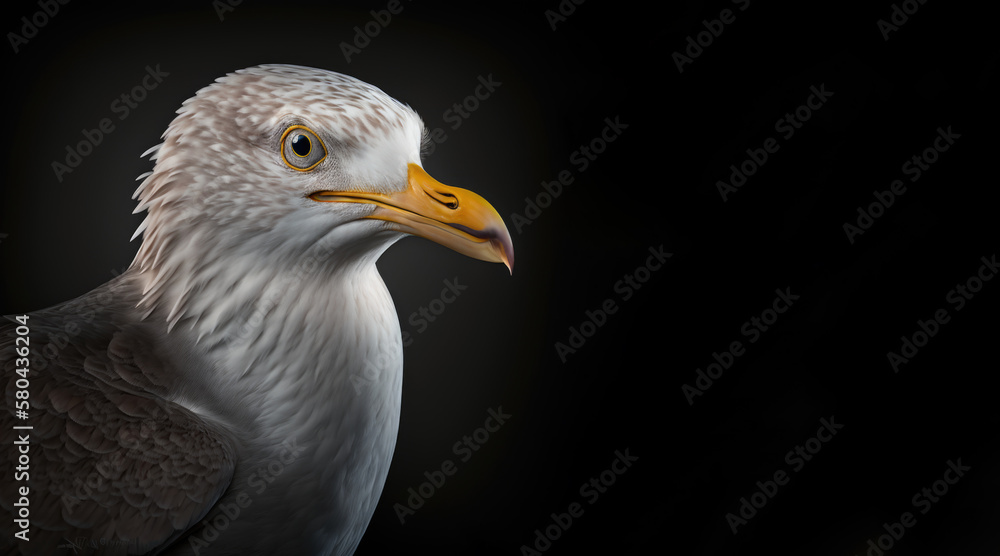 Wall mural portrait of a seagull, photo studio set up with key light, isolated with black background and copy s