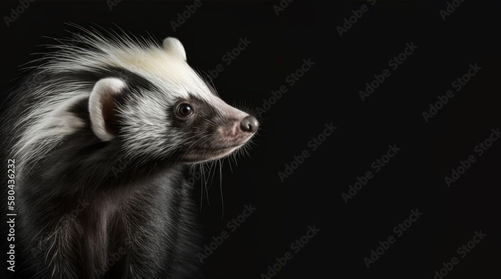 Wall mural portrait of a skunk, photo studio set up with key light, isolated with black background and copy spa