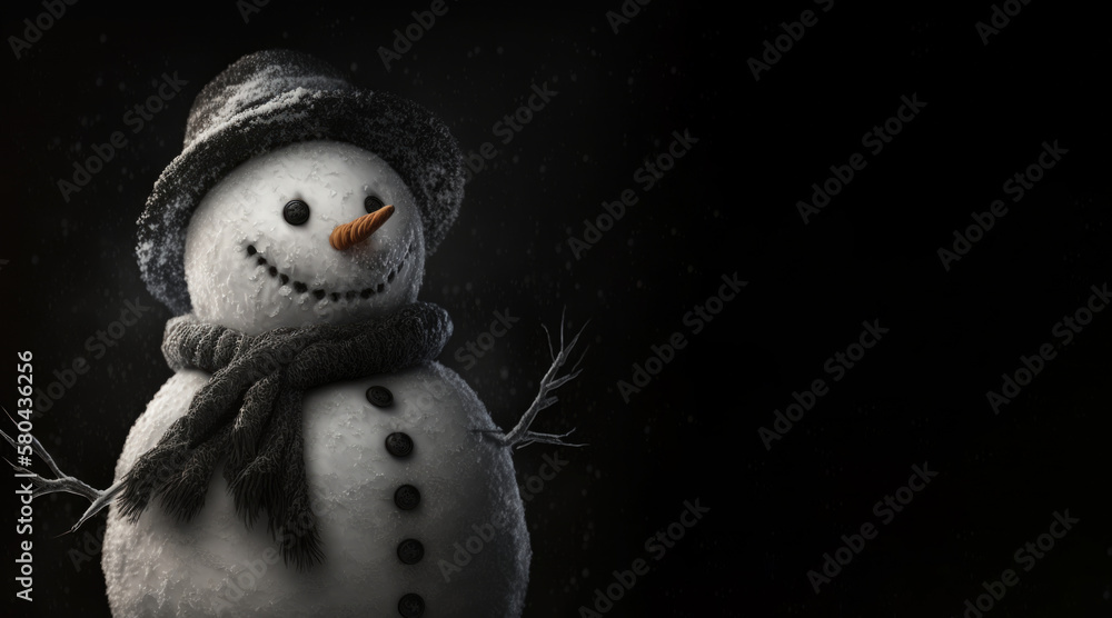 Wall mural portrait of a happy smiling snowman, photo studio set up with key light, isolated with black backgro
