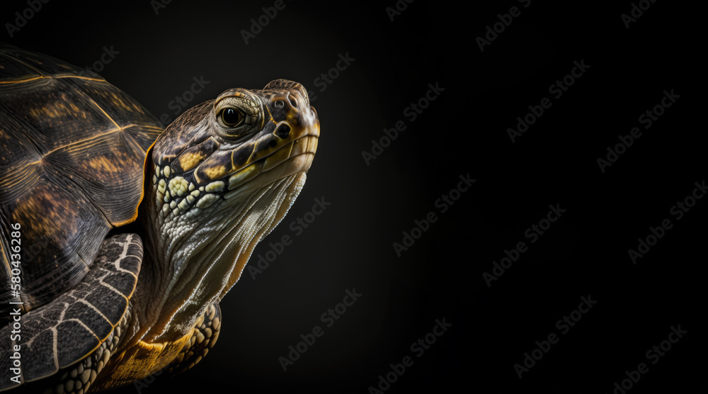 Wall mural portrait of a turtle, photo studio set up with key light, isolated with black background and copy sp