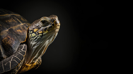Obraz premium portrait of a turtle, photo studio set up with key light, isolated with black background and copy space - generative ai