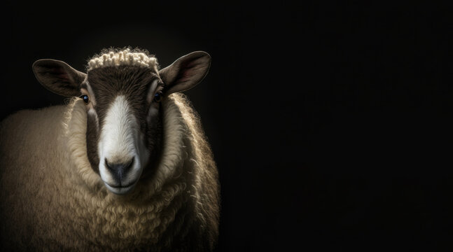 portrait of a sheep, photo studio set up with key light, isolated with black background and copy space - generative ai