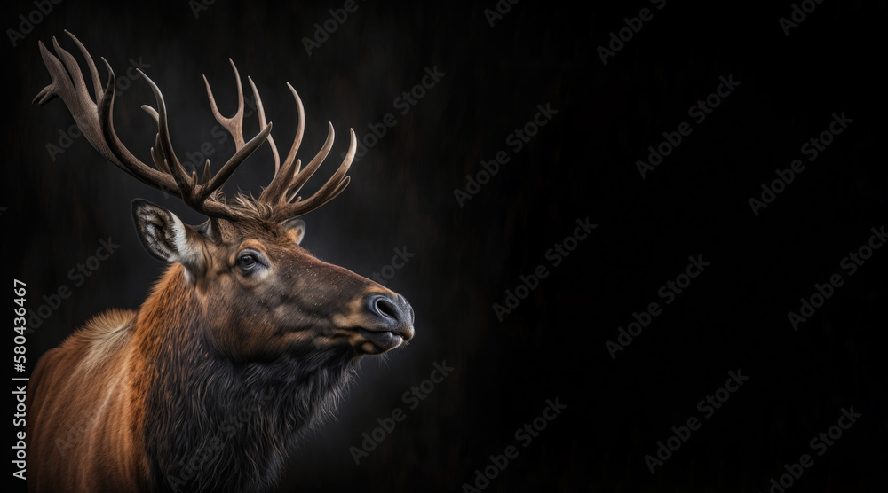 Wall mural portrait of a moose, photo studio set up with key light, isolated with black background and copy spa