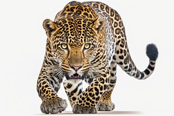 Obraz premium jaguar leopard isolate animal panther angry white head face stalking eye wild jaguar cat isolated on white running toward the camera with his fierce look pointing at the photographer jaguar leopard is