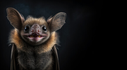 portrait of a happy smiling bat, photo studio set up with key light, isolated with black background and copy space - generative ai	
