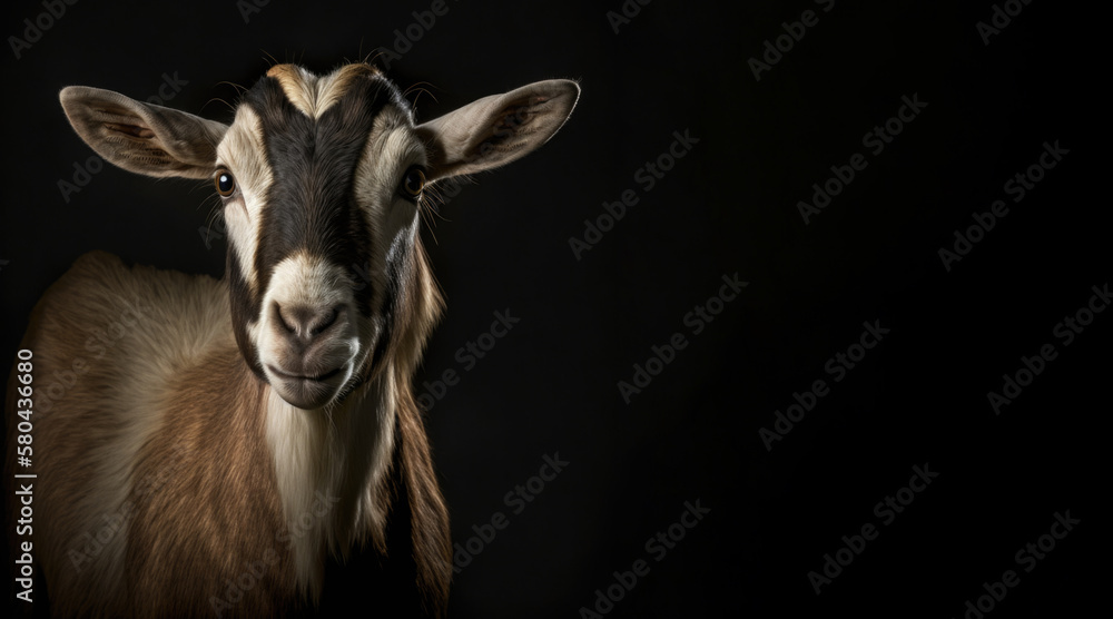 Wall mural portrait of a goat, photo studio set up with key light, isolated with black background and copy spac