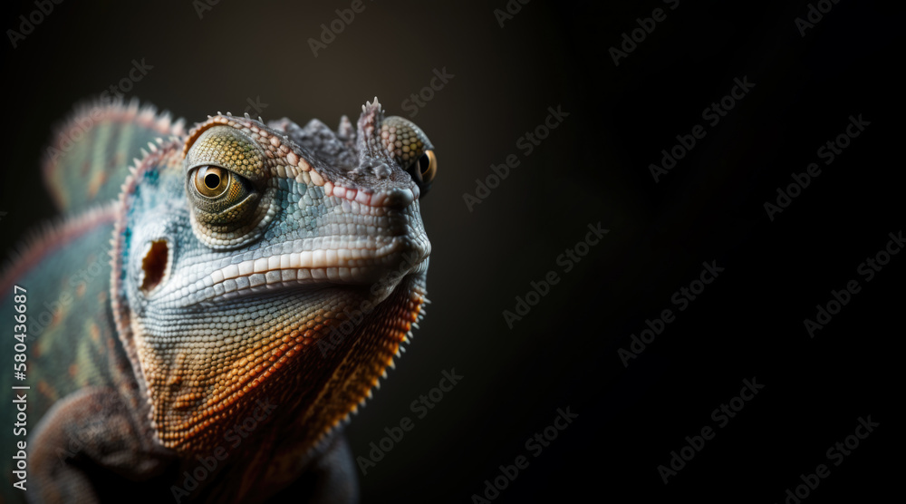 Wall mural portrait of a blue chameleon, photo studio set up with key light, isolated with black background and