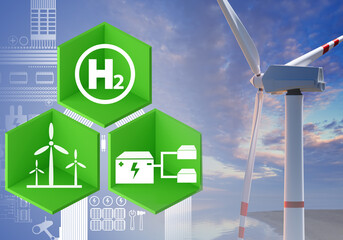 Wind turbine. Hydrogen logo. Wind generator on background blue sky. H2 symbol metaphor of green energy. Wind turbine using hydrogen. Getting energy from green sources. Electricity generator. 3d image