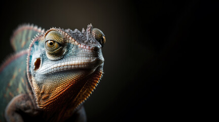 Fototapeta premium portrait of a blue chameleon, photo studio set up with key light, isolated with black background and copy space - generative ai 
