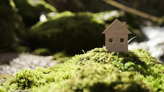 Conceptual eco green house model in the sunny nature. Healthy living background with blurred sunny light.