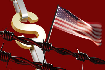 Arrest of bank account in united states. Prickly wire and flag America. Symbol dollar on red. Concept loss savings in USA. Loss money due to bankruptcy of bank. Collapse USA banking system. 3d image