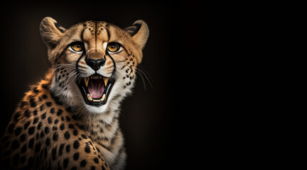 portrait of a happy cheetah, photo studio set up with key light, isolated with black background and copy space - generative ai	
