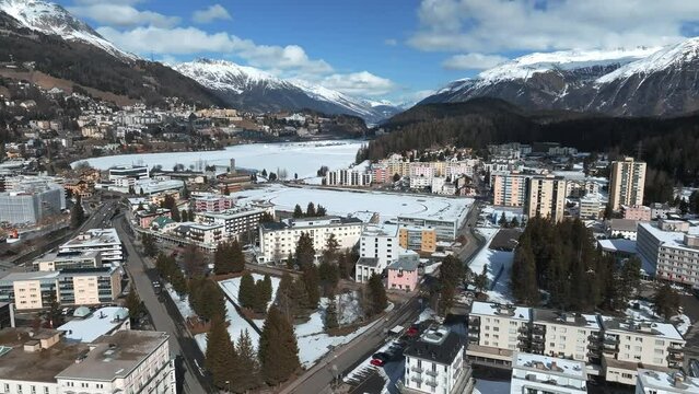 Aerial winter view of the worldwide famous ski resort of St. Moritz, Graubunden, Switzerland