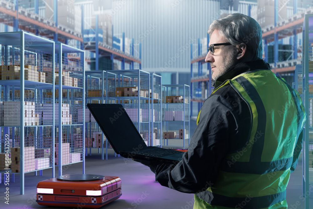 Aufkleber warehouse engineer. man who manages robot. robotization of production process. gray engineer with la