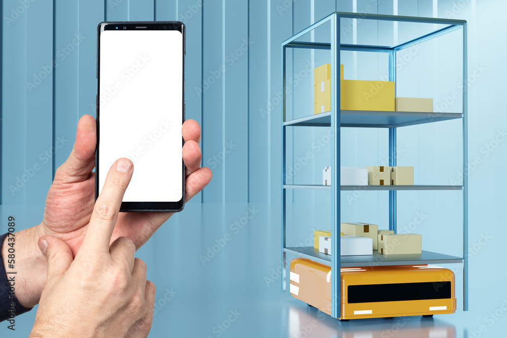 Poster fulfillment robot. phone is in hand of person. retrieval machines. retrieval machines for fulfillmen