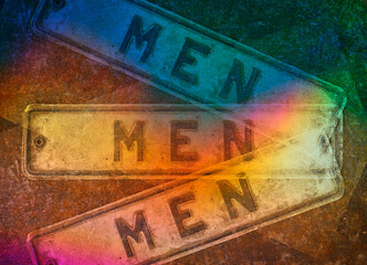surrealism art with vintage mens room sign and rainbow colors