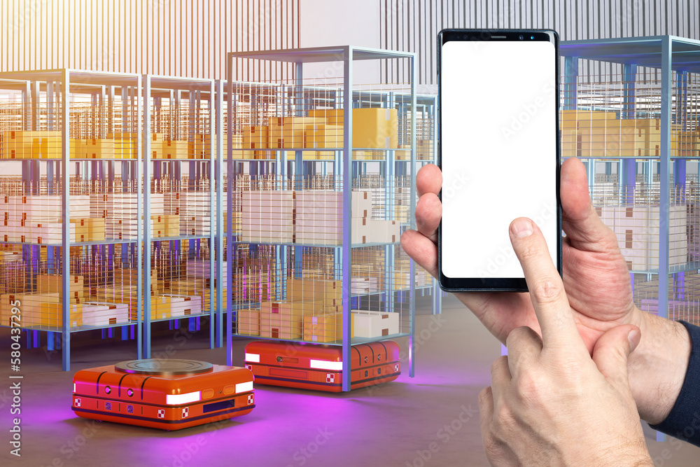 Poster robotized distribution center. phone template is in hands. smartphone with empty screen. distributio
