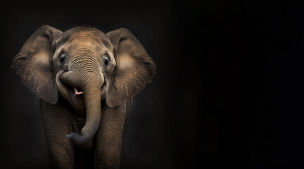 portrait of a happy smiling elephant photo studio set up with key light, isolated with black background and copy space - generative ai