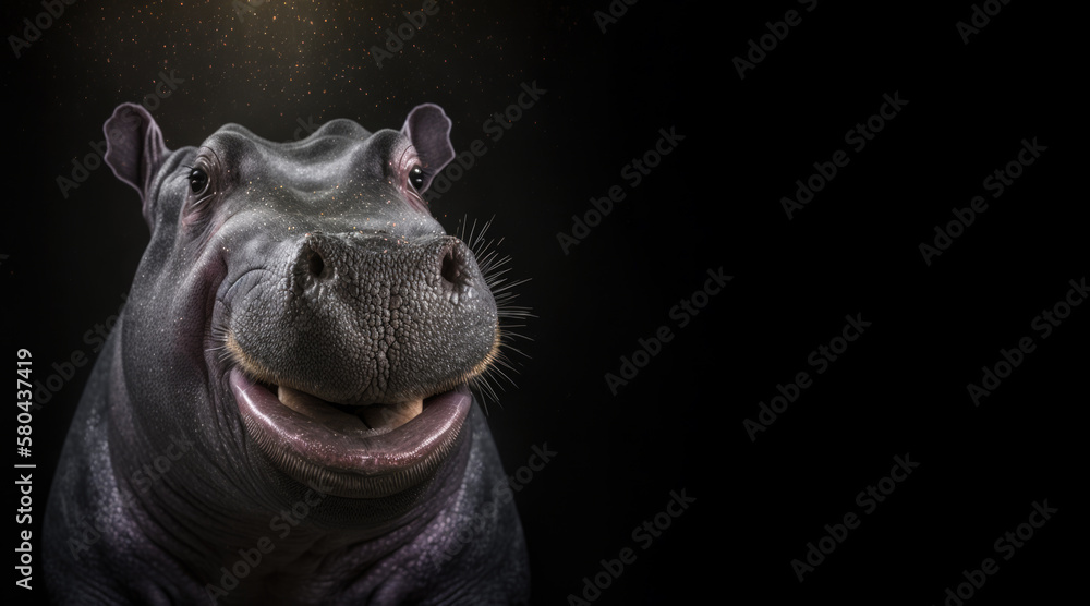 Wall mural portrait of a happy smiling hippopotamus photo studio set up with key light, isolated hippo with bla