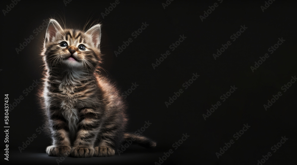 Wall mural portrait of a cute kitten, photo studio set up with key light, isolated with black background and co