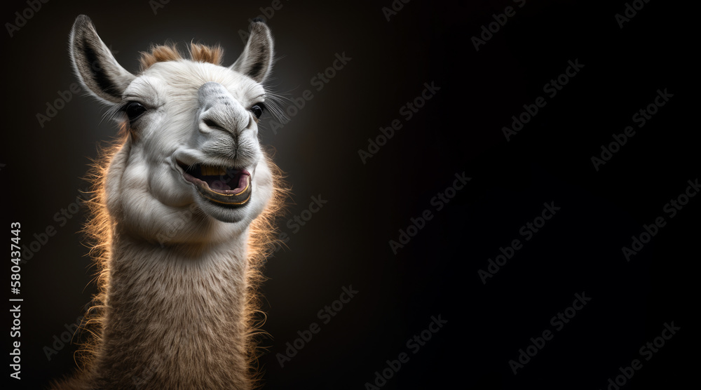 Wall mural portrait of a happy lama, photo studio set up with key light, isolated with black background and cop