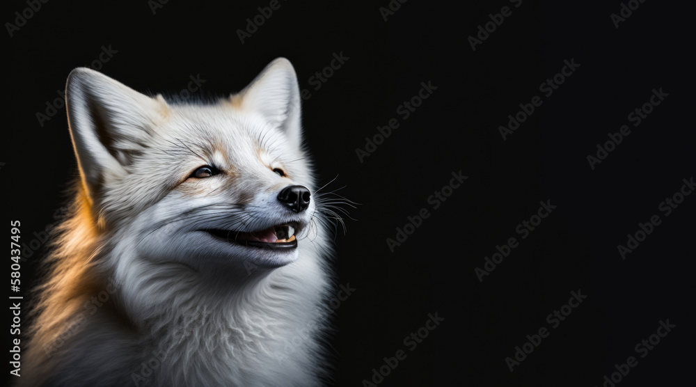 Wall mural portrait of a happy smiling polar fox, photo studio set up with key light, isolated with black backg