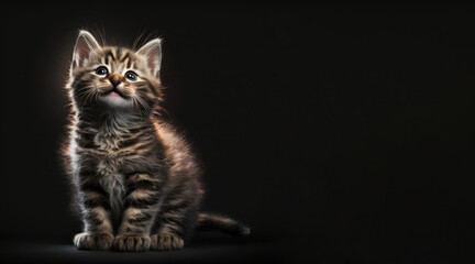Obraz premium portrait of a cute kitten, photo studio set up with key light, isolated with black background and copy space - generative ai