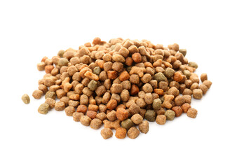 Heap of dry pet food isolated on white background