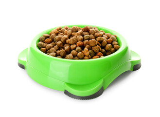 Green bowl of dry pet food on white background