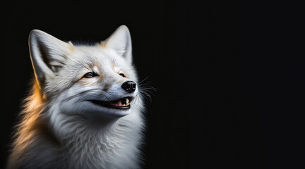 Obraz premium portrait of a happy smiling polar fox, photo studio set up with key light, isolated with black background and copy space - generative ai