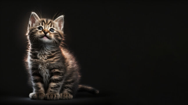 portrait of a cute kitten, photo studio set up with key light, isolated with black background and copy space - generative ai