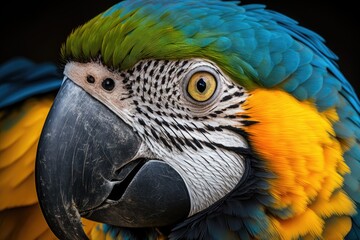 Obraz premium Macaw, blue and yellow (lat. Ara ararauna) close up. Generative AI
