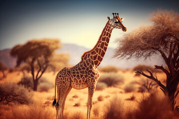 A giraffe in a savanna Generative AI - obrazy, fototapety, plakaty