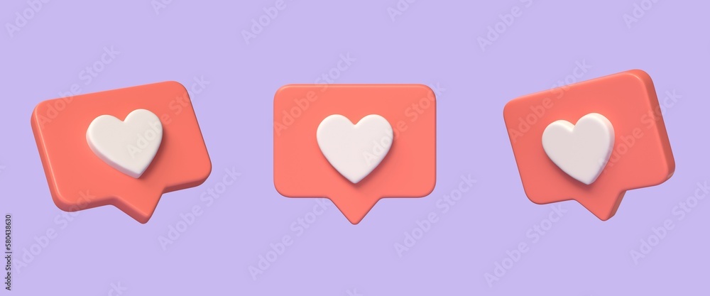 Aufkleber 3d heart icon for social media and speech bubble from different angles. concept of online applicatio