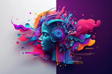 The concept of artificial intelligence in the field of music. A blue human face with headphones. Modern geometric background. Generative AI illustration.