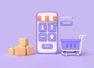 3d illustration of mobile phone, shopping trolley, cardboard boxes, product categories. concept of online shopping and delivery of goods, digital marketing promotion. 3d rendering