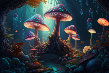 Fototapeta na wymiar An enchanted forest with magic mushrooms Generative AI
