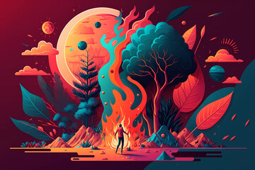 A surrealistic illustration of nature and the man who started the fire. The concept of global warming. Trending orange and turquoise colors. Generative AI