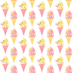 Vector seamless pattern with fruit ice creams on a white background. Cold dessert. Summer sweetness.