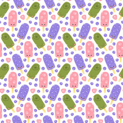 Vector seamless pattern with fruit ice creams on a white background. Cold dessert. Summer sweetness.
