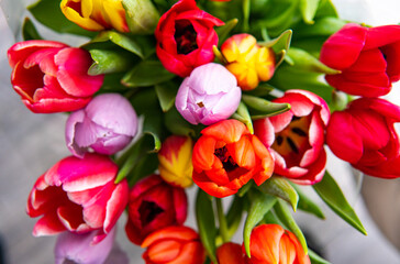 a bouquet of tulips of different colors