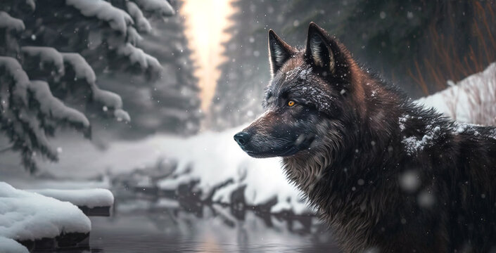 Wolf in winter, northern landscape.  Image created with generative ai