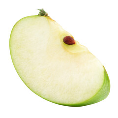 Slice of green apple fruit with seed isolated on transparent background