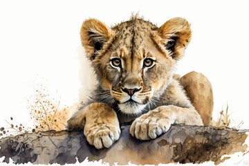 Fototapeta premium Lion cub done in watercolor. Animal cub illustration. Generative AI