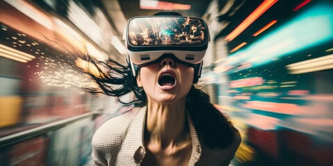 Young adult woman wear virtual reality VR headset, enter the digital imagination world or video game. Futuristic entertainment technology, internet fun modern technology concept. Generative AI